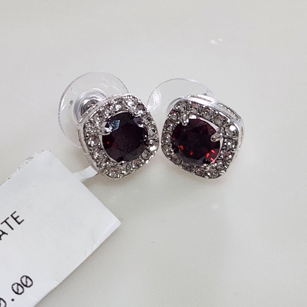Fine Silver Plate Simulated Garnet and Cubic Zirconia Studd Earrings